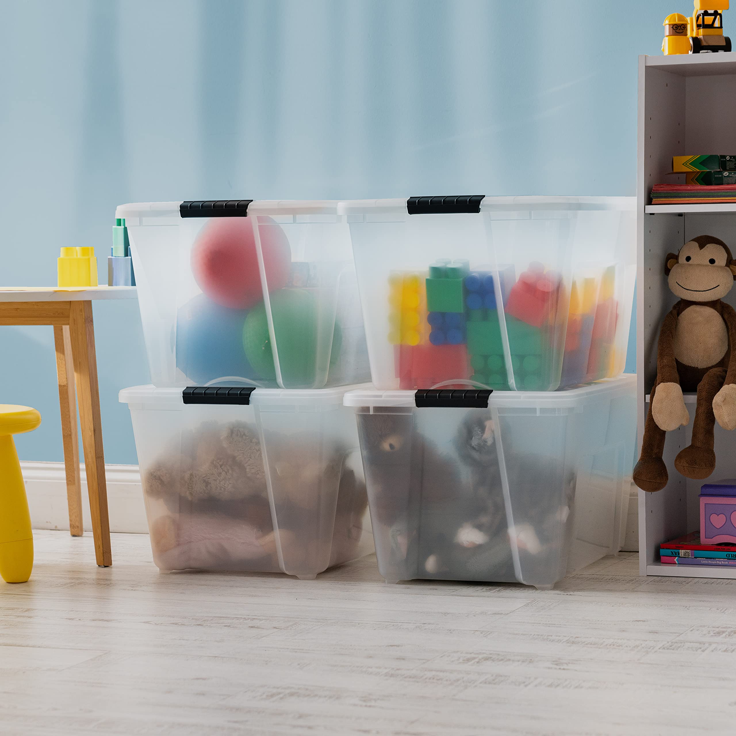 IRIS USA stacked bins in closet maximizing vertical storage space