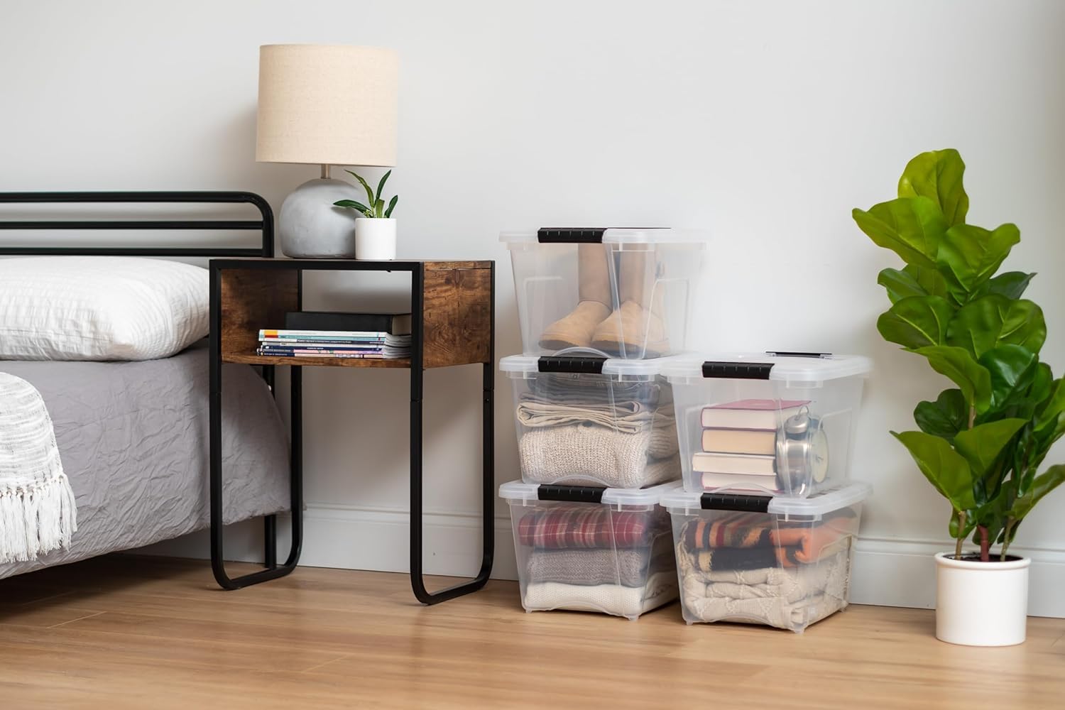 IRIS USA stacked bins on shelving to maximize vertical space