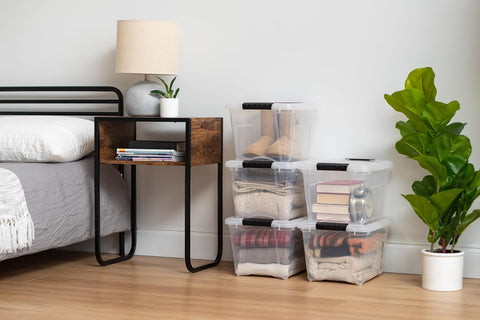 IRIS USA stacked bins on shelving to maximize vertical space