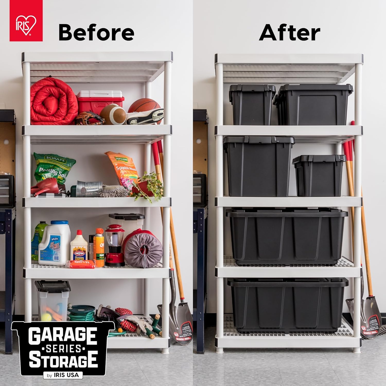 IRIS USA stacked totes on garage shelf maximizing vertical storage efficiency