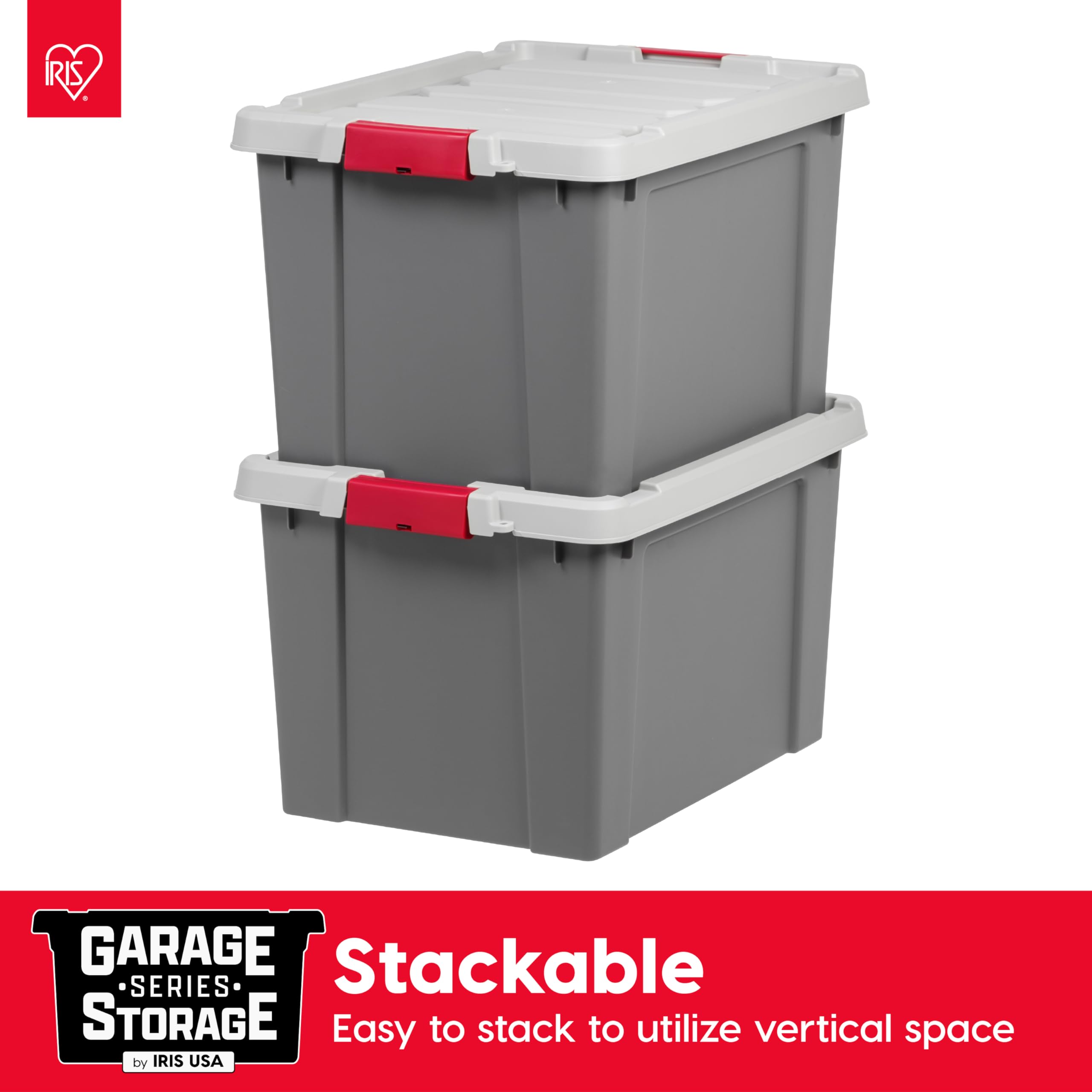 IRIS USA stacked totes in garage illustrating space-saving vertical storage