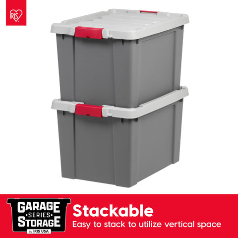 IRIS USA stacked totes in garage illustrating space-saving vertical storage