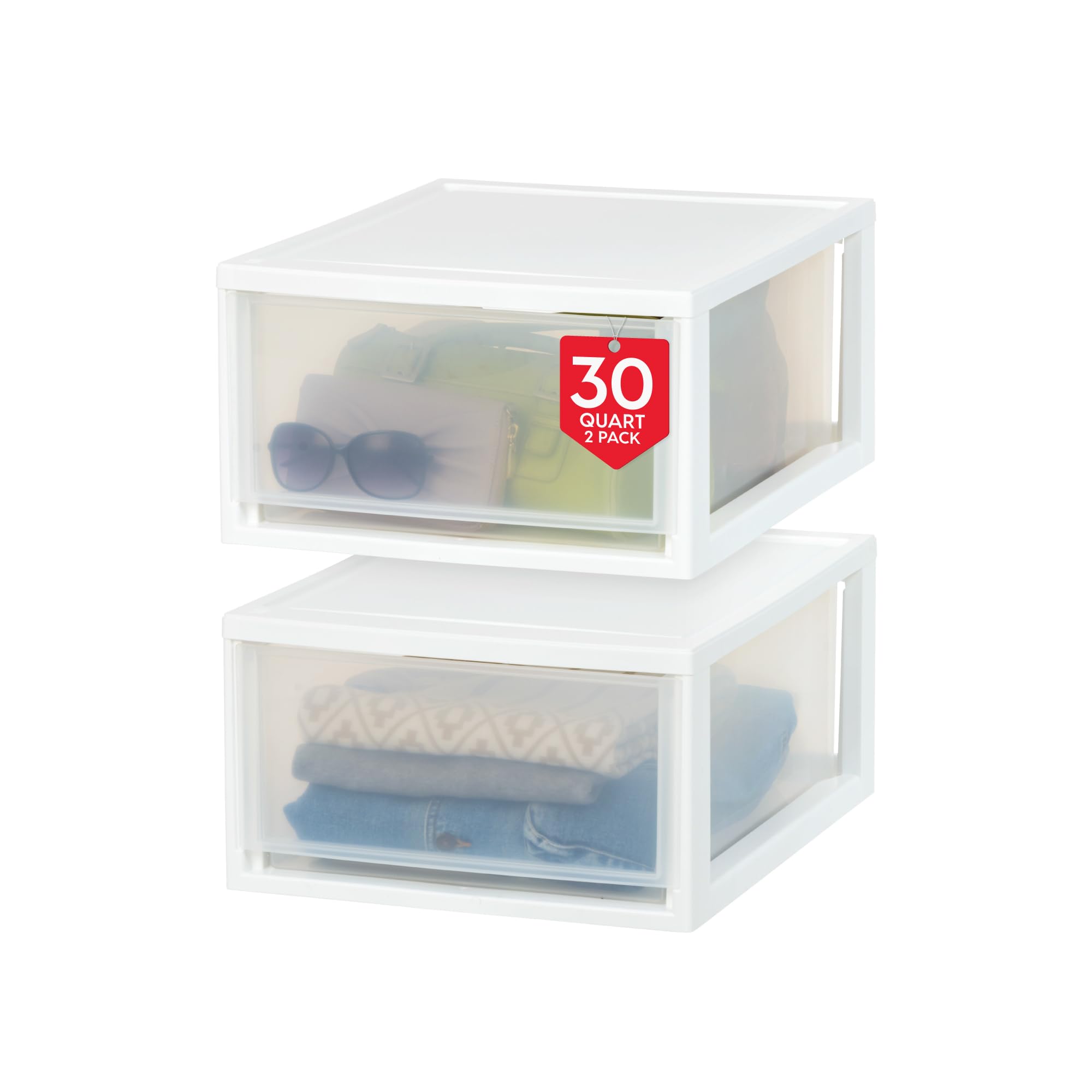 IRIS USA front view of white stacking drawers showing compact storage and tidy look