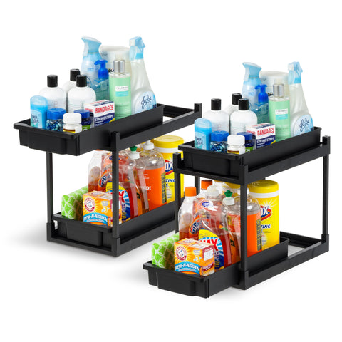 IRIS USA front view of two-tier pull-out organizer showing neat storage benefit