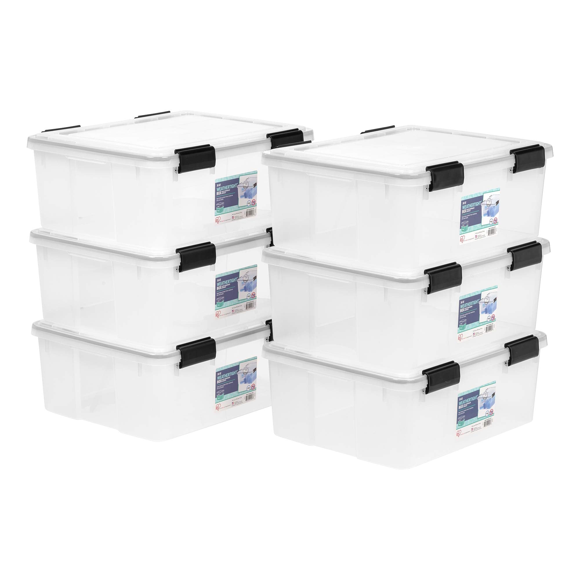 IRIS USA front view of clear 31 qt bin showing contents and benefits of visibility