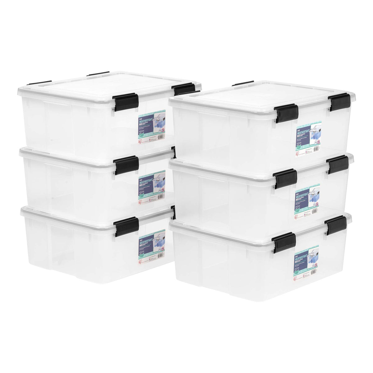 IRIS USA front view of clear 31 qt bin showing contents and benefits of visibility