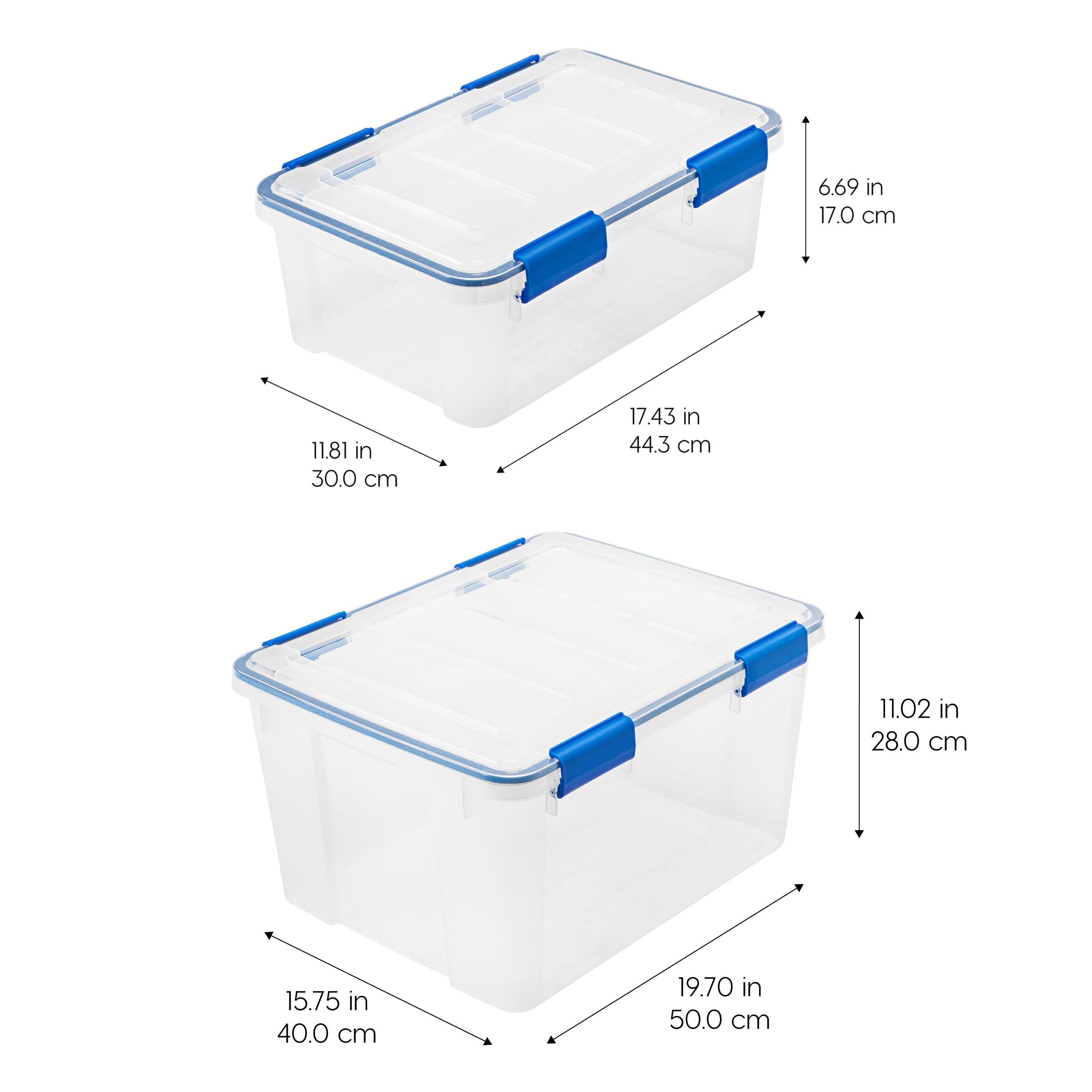 IRIS USA clear container with visible folded clothes inside for quick identification benefit