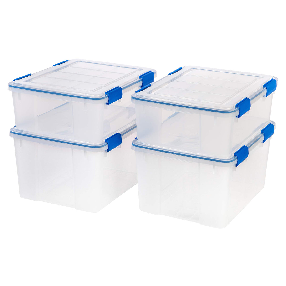 IRIS USA front view of four WEATHERPRO bins showing clear bodies and blue lids, organized storage benefit