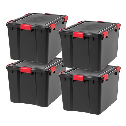 IRIS USA front view of 74 qt bin showing secure storage benefit