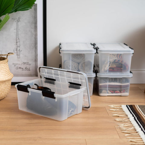 IRIS USA bin stored in closet illustrating tidy lifestyle storage