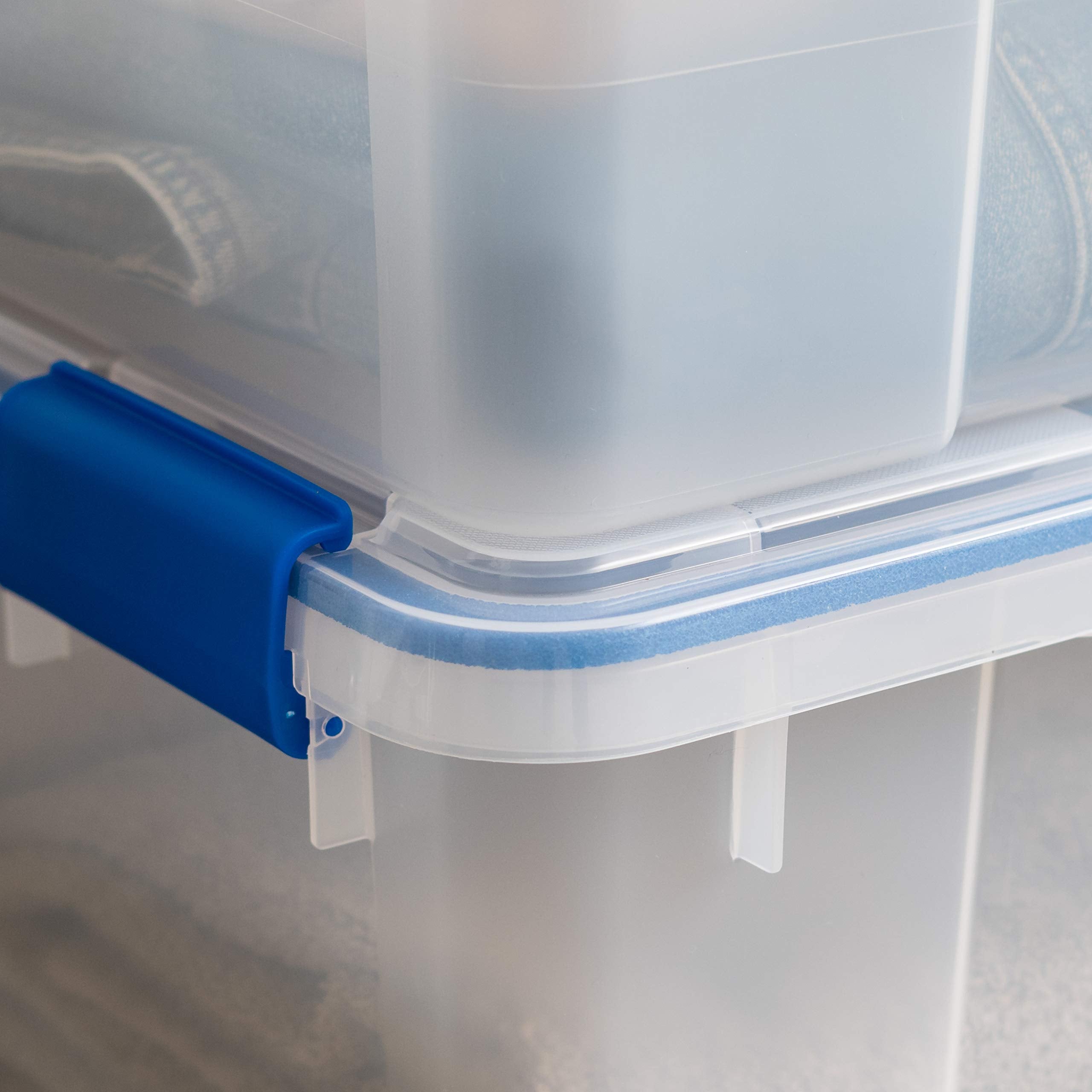 IRIS USA bins arranged in a garage scene showing practical home organization benefit
