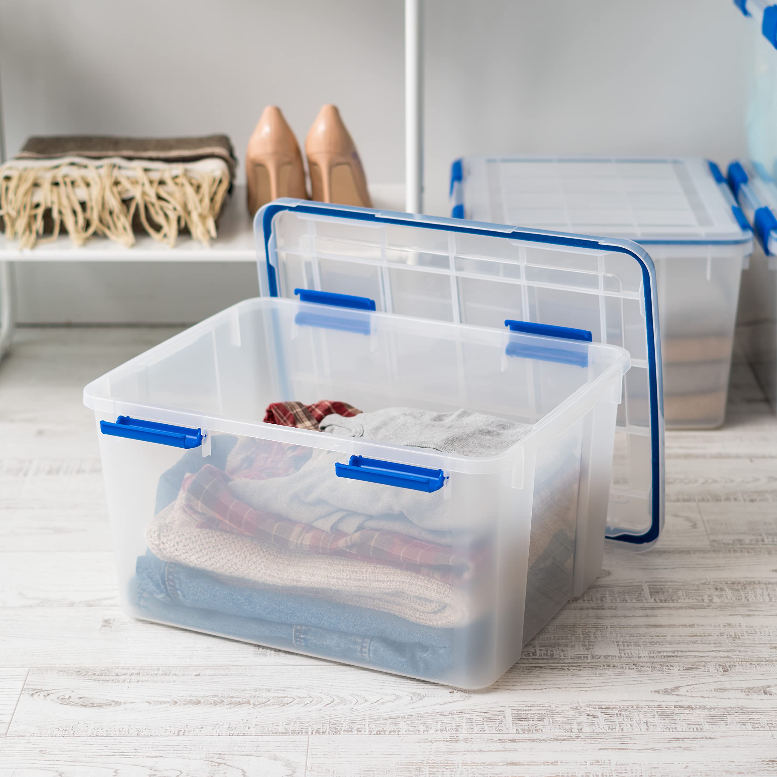 IRIS USA stacked bins demonstrating secure, space-saving storage