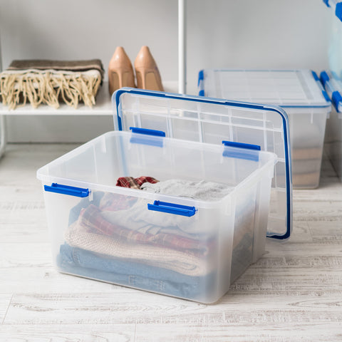 IRIS USA stacked bins demonstrating secure, space-saving storage