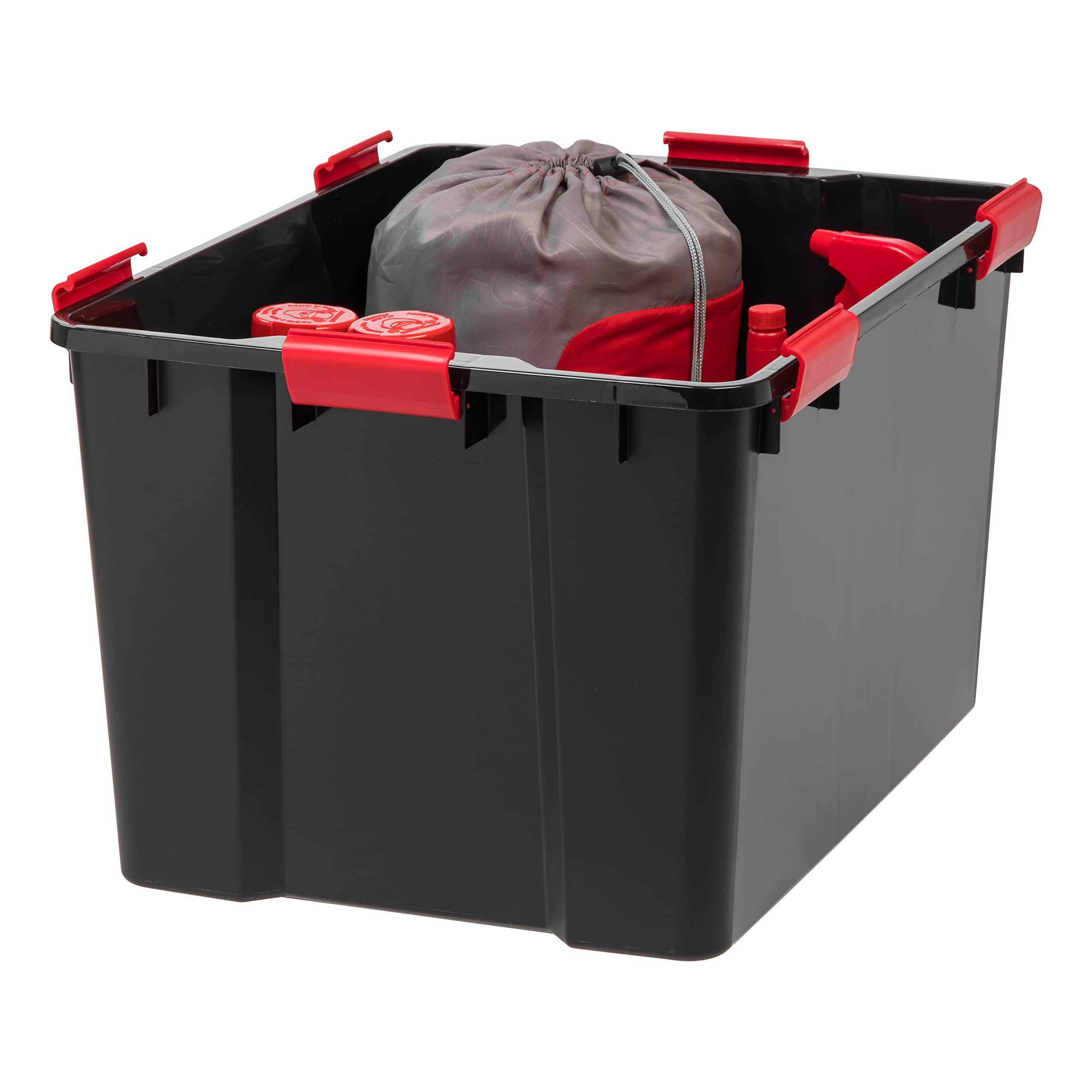 IRIS USA stacked bins in garage maximizing vertical storage benefit