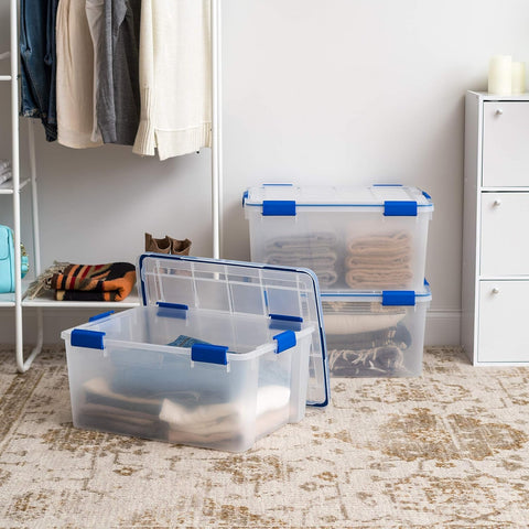 IRIS USA stacked WEATHERPRO bins in garage, stable stacking saves floor space