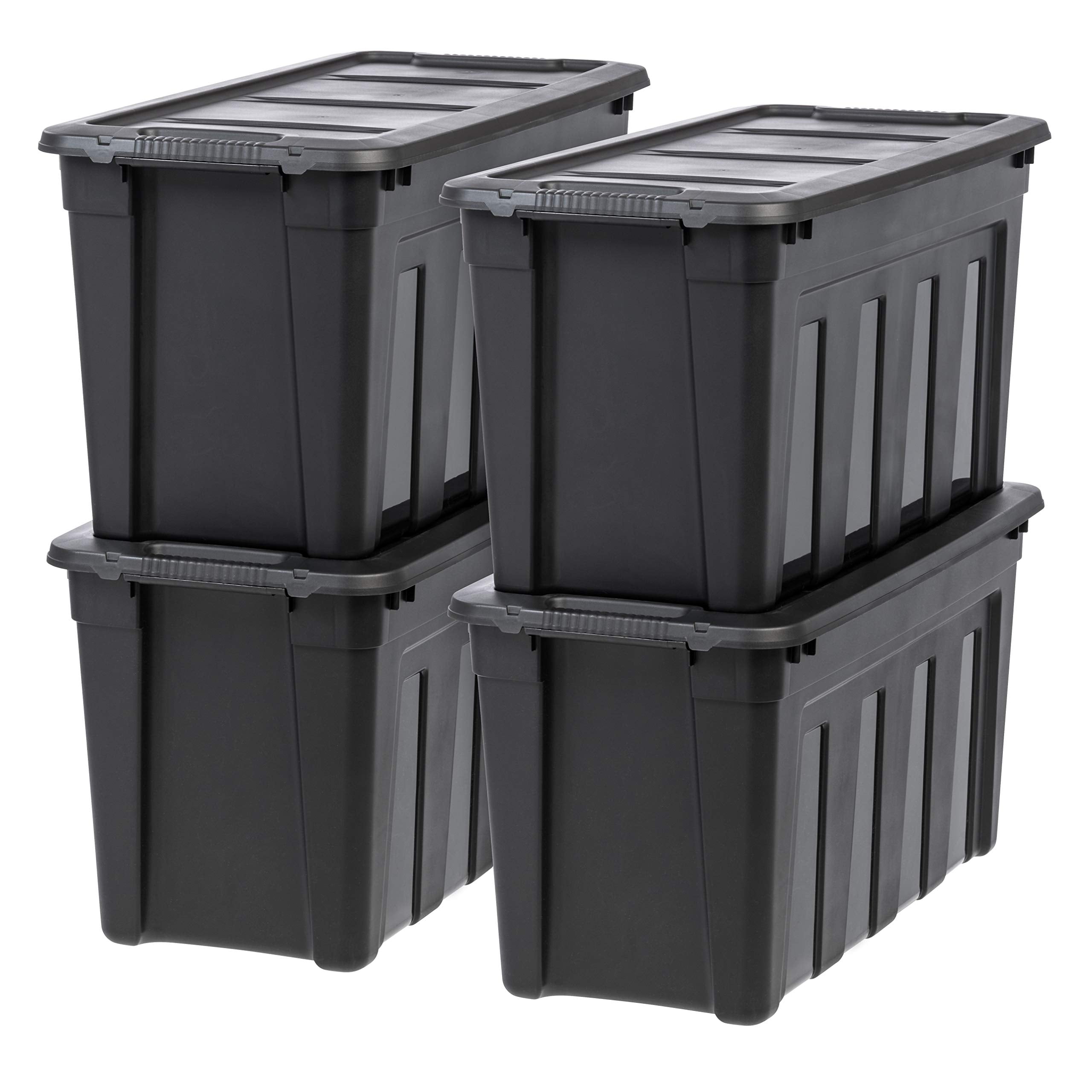 IRIS USA front view of 31-gallon tote showing sturdy build and sleek black finish for organized storage
