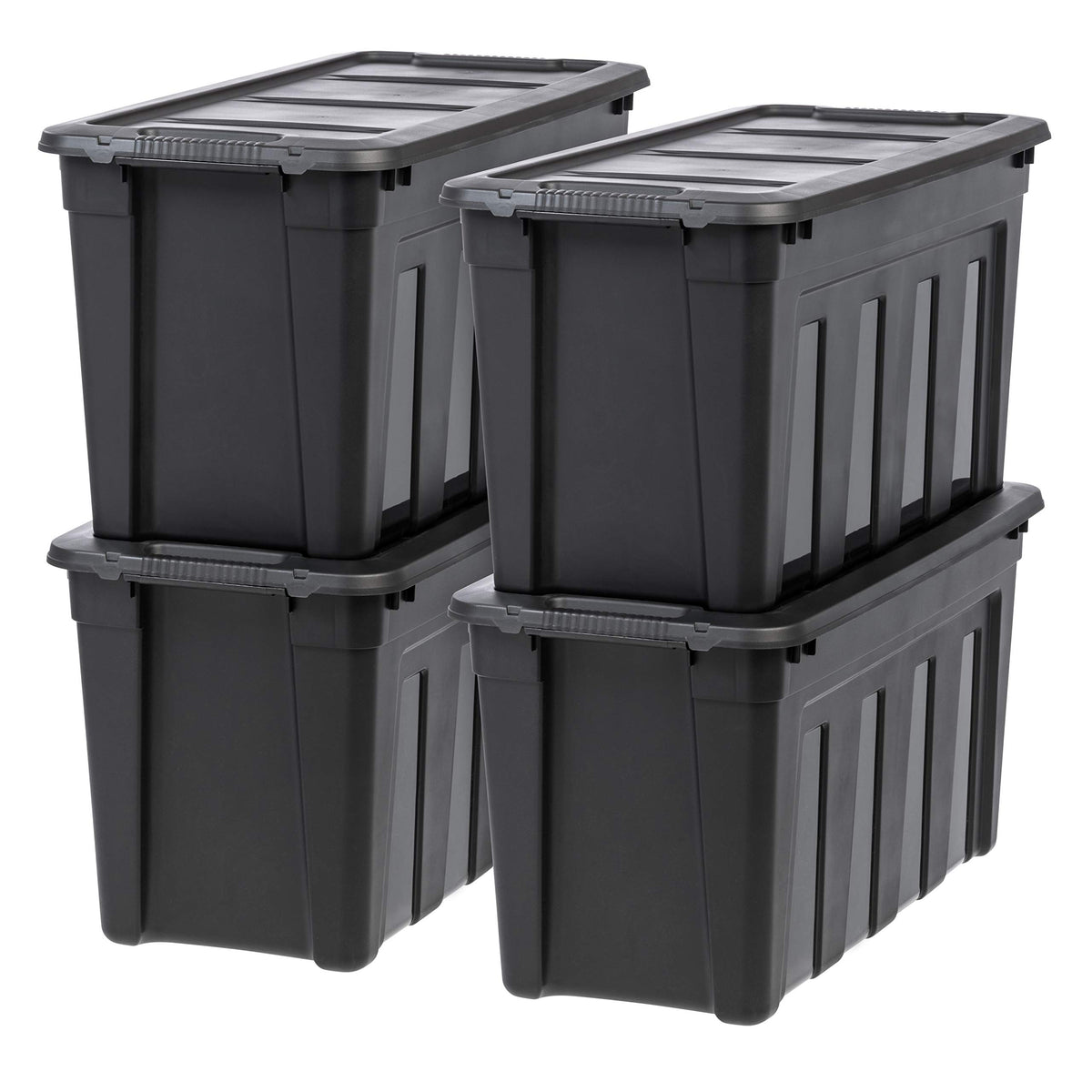 IRIS USA front view of 31-gallon tote showing sturdy build and sleek black finish for organized storage