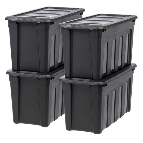IRIS USA front view of 31-gallon tote showing sturdy build and sleek black finish for organized storage