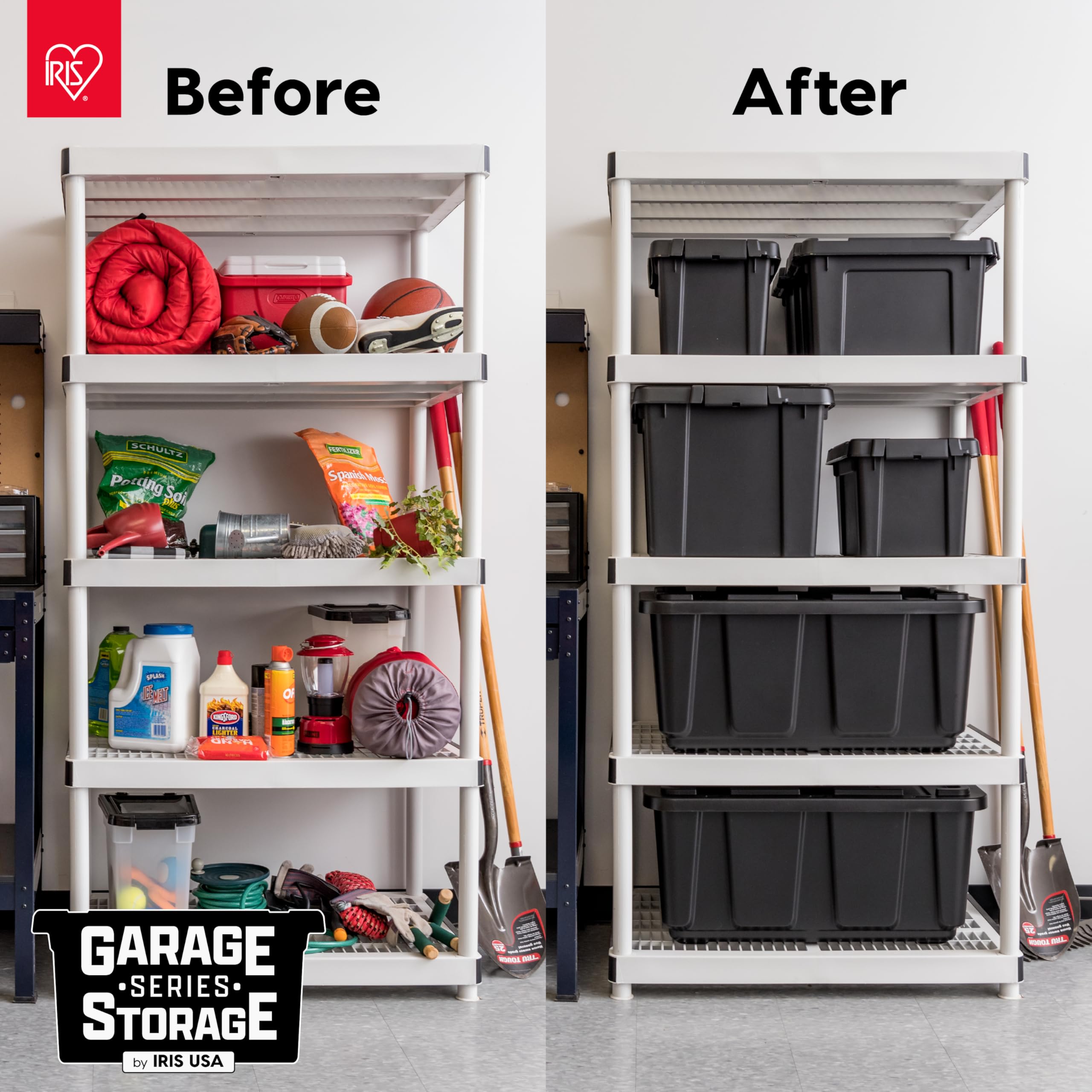IRIS USA storage totes arranged in garage showing durable organization for tools and gear