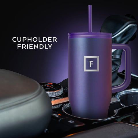 IRON °FLASK in car cup holder demonstrating secure, non-slip fit