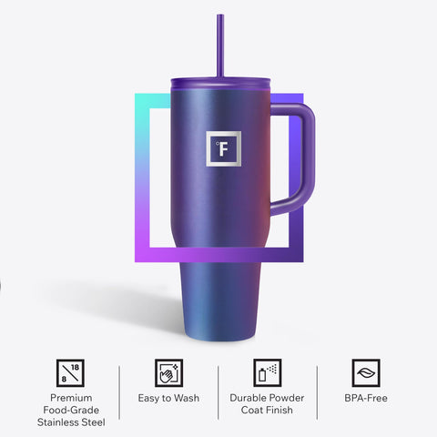 IRON °FLASK flip lid closed illustrating leak-resistant travel protection