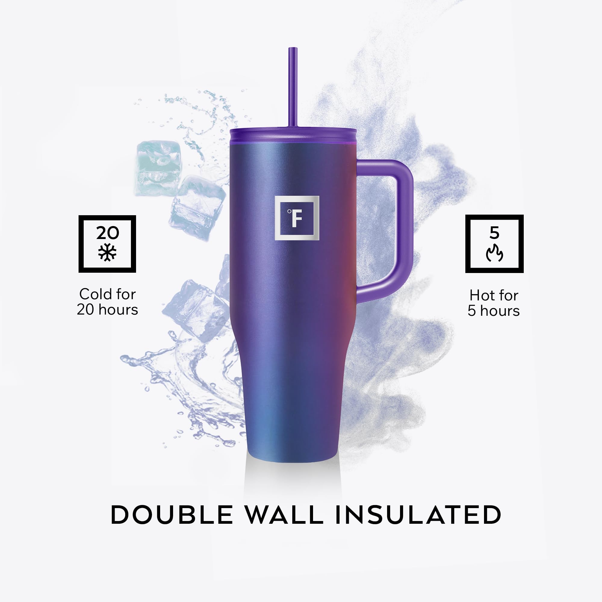 IRON °FLASK straw lid in use for spill-resistant cold drink sipping