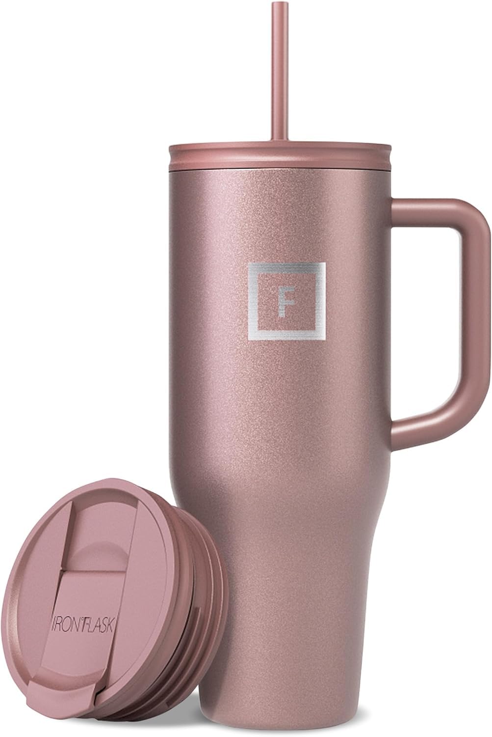 IRON °FLASK front view showing the 40 oz mug and dual lids for versatile use