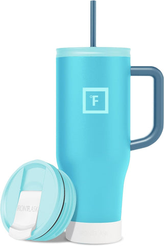 IRON °FLASK front view showing mug shape and secure lids for travel convenience