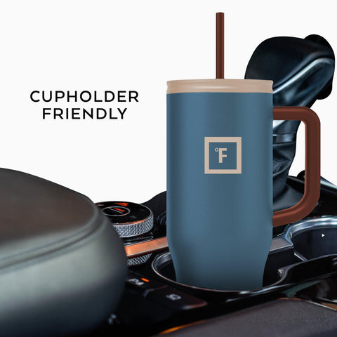 IRON °FLASK in car cup holder showing perfect fit and stable travel use