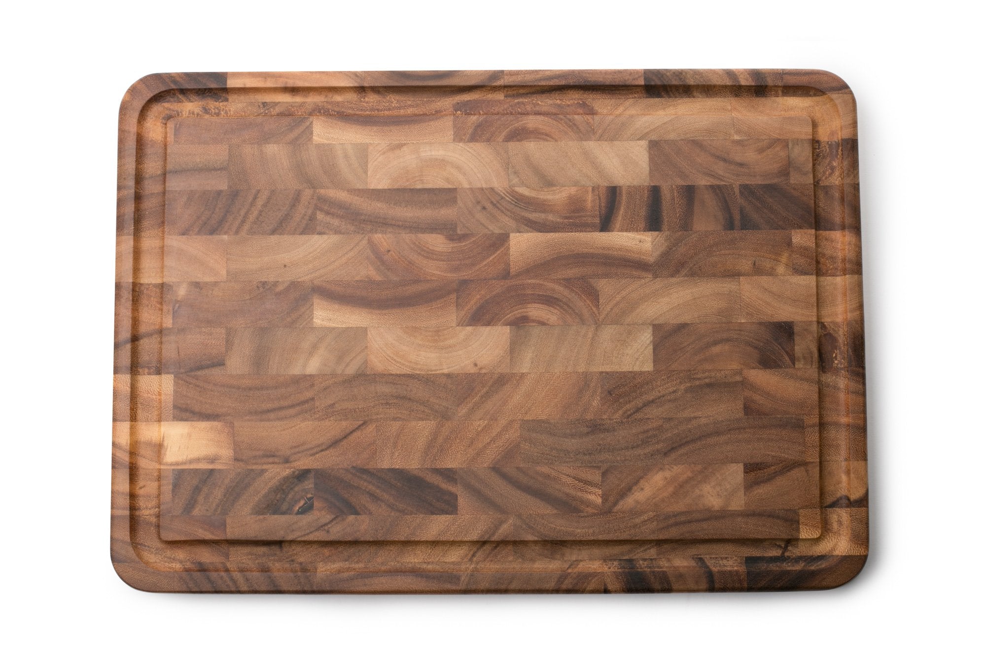 Ironwood Gourmet board front view showing acacia grain and roomy prep surface benefit