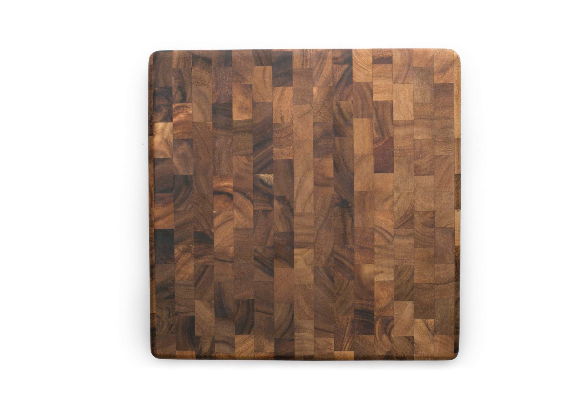 Ironwood Gourmet front view of square end-grain board shows rich acacia colors and sturdy profile