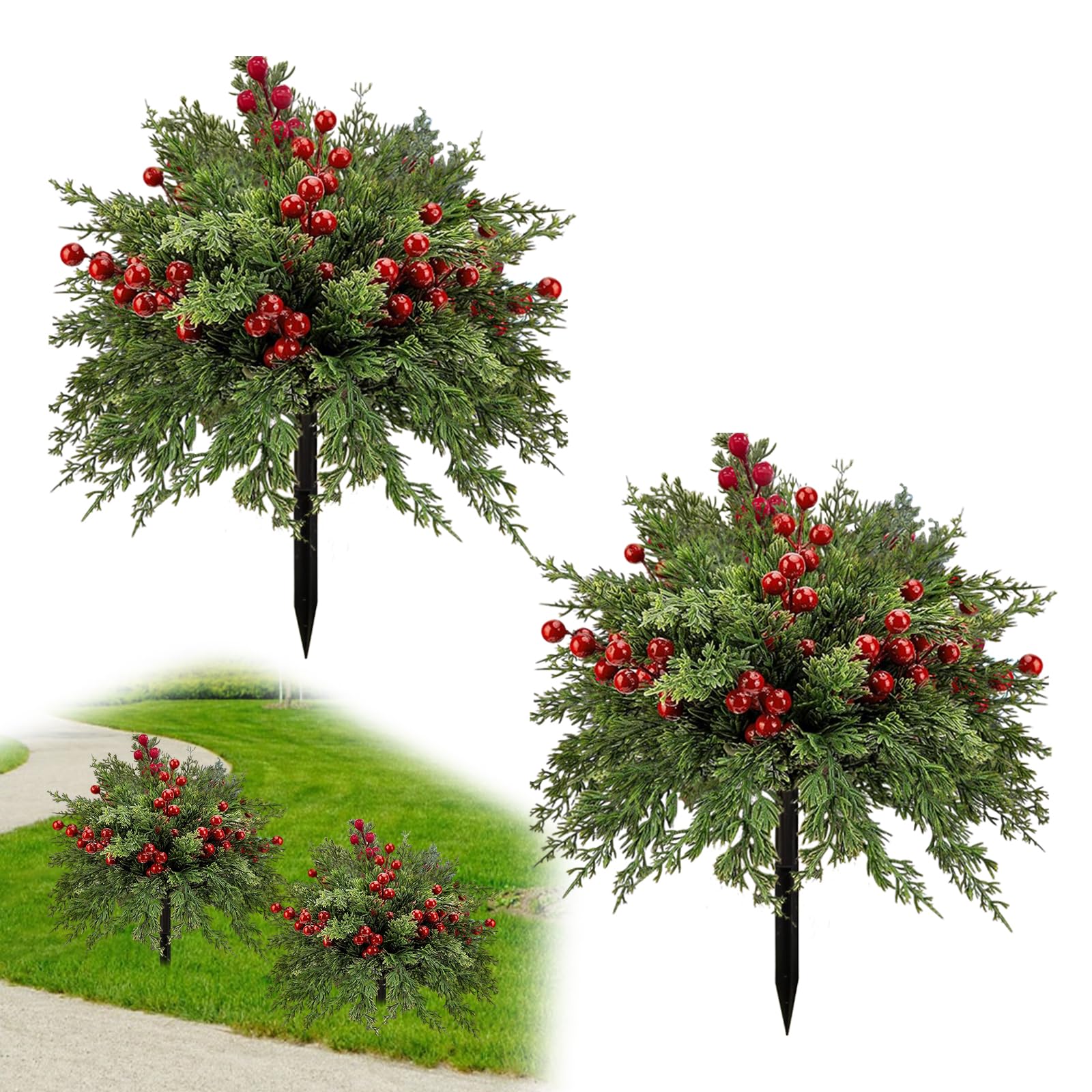 Irosiy front view of two topiary balls showing festive entryway impact