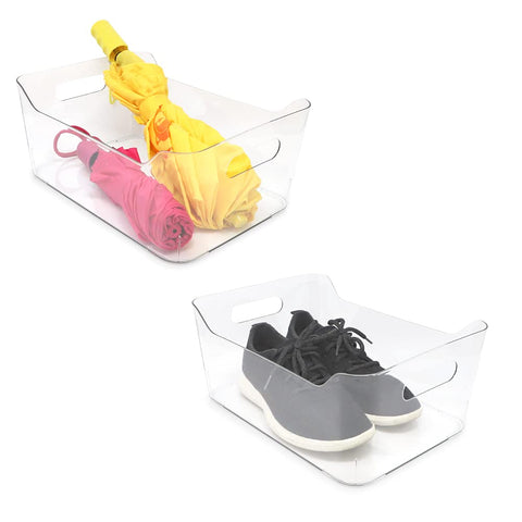 Isaac Jacobs stacked bins saving shelf space and keeping items grouped.
