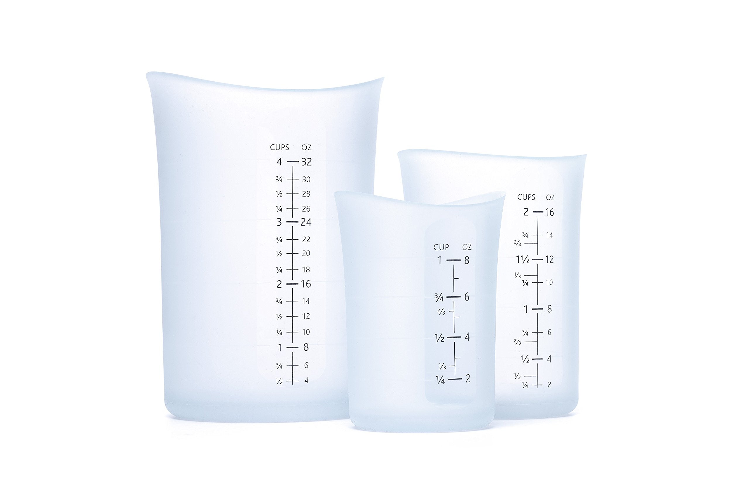 iSi Basics front view of off-white three-piece set showing measurements and sizes, for accurate measuring