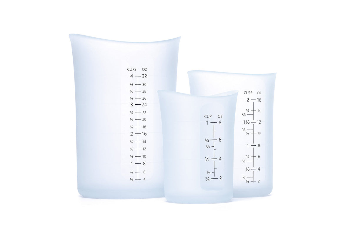 iSi Basics front view of off-white three-piece set showing measurements and sizes, for accurate measuring