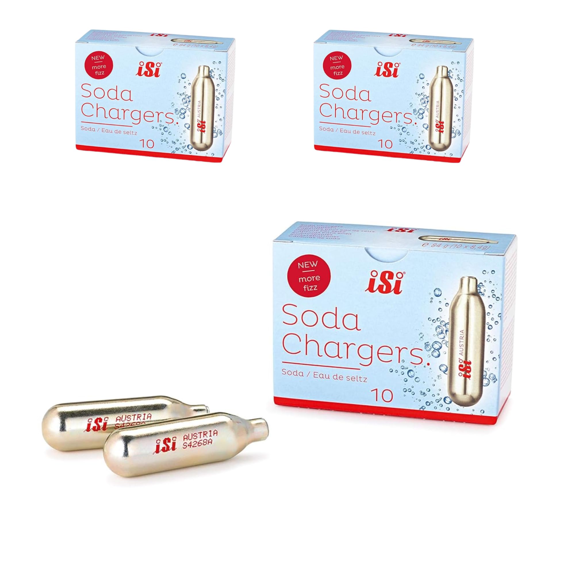 iSi CO2 30-pack front packaging showing recyclable steel cartridges and quantity benefit