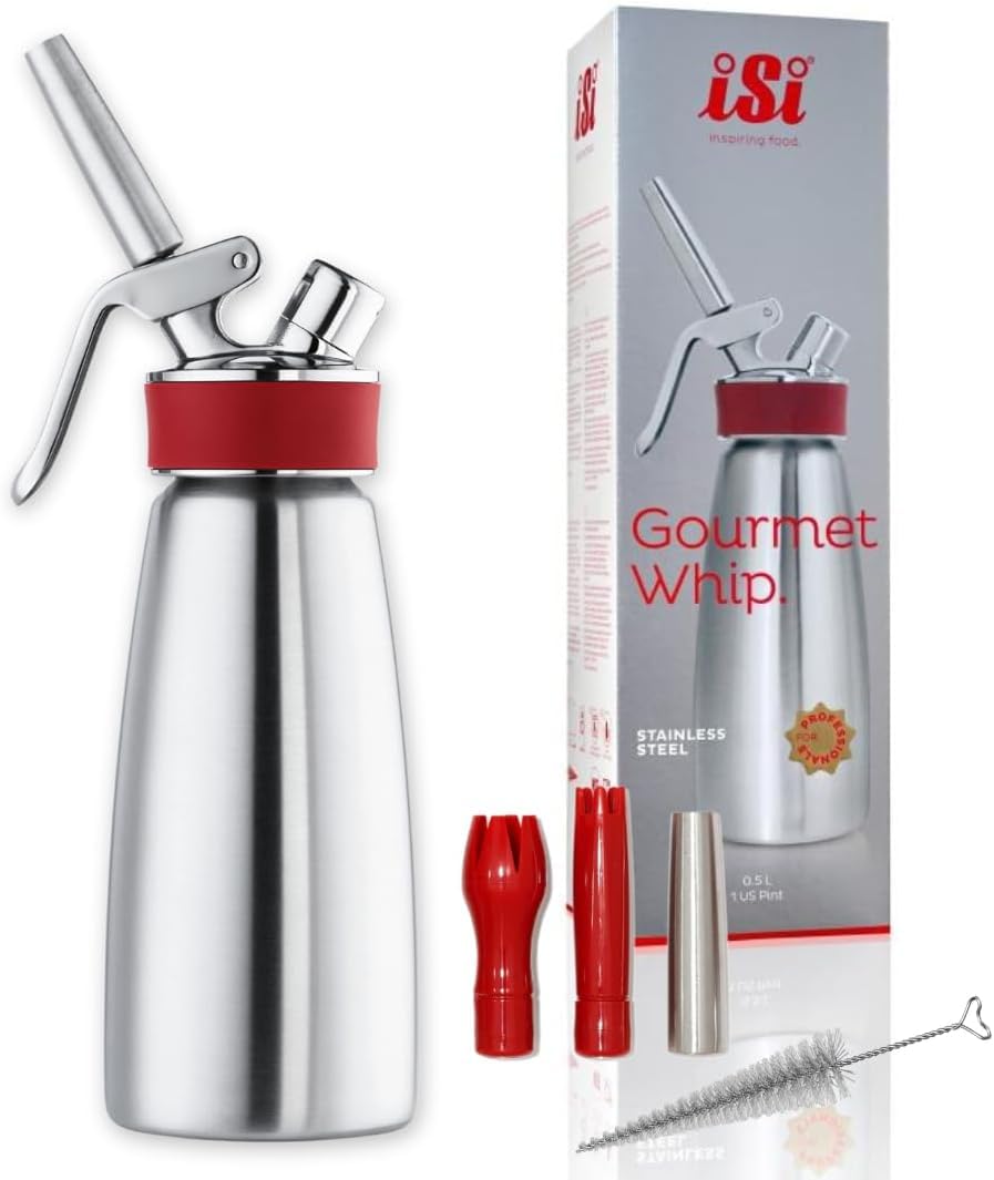 iSi North America gourmet whip front view showing sleek stainless steel and compact design benefits