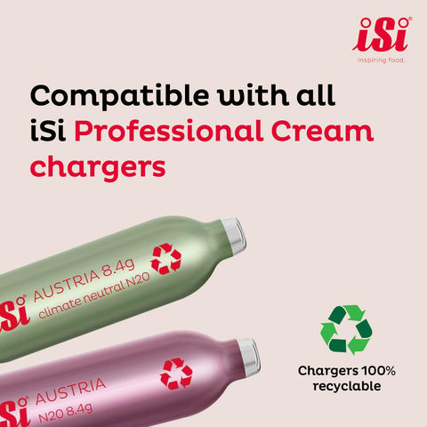 iSi North America gourmet whip held in hand to demonstrate pint size convenience