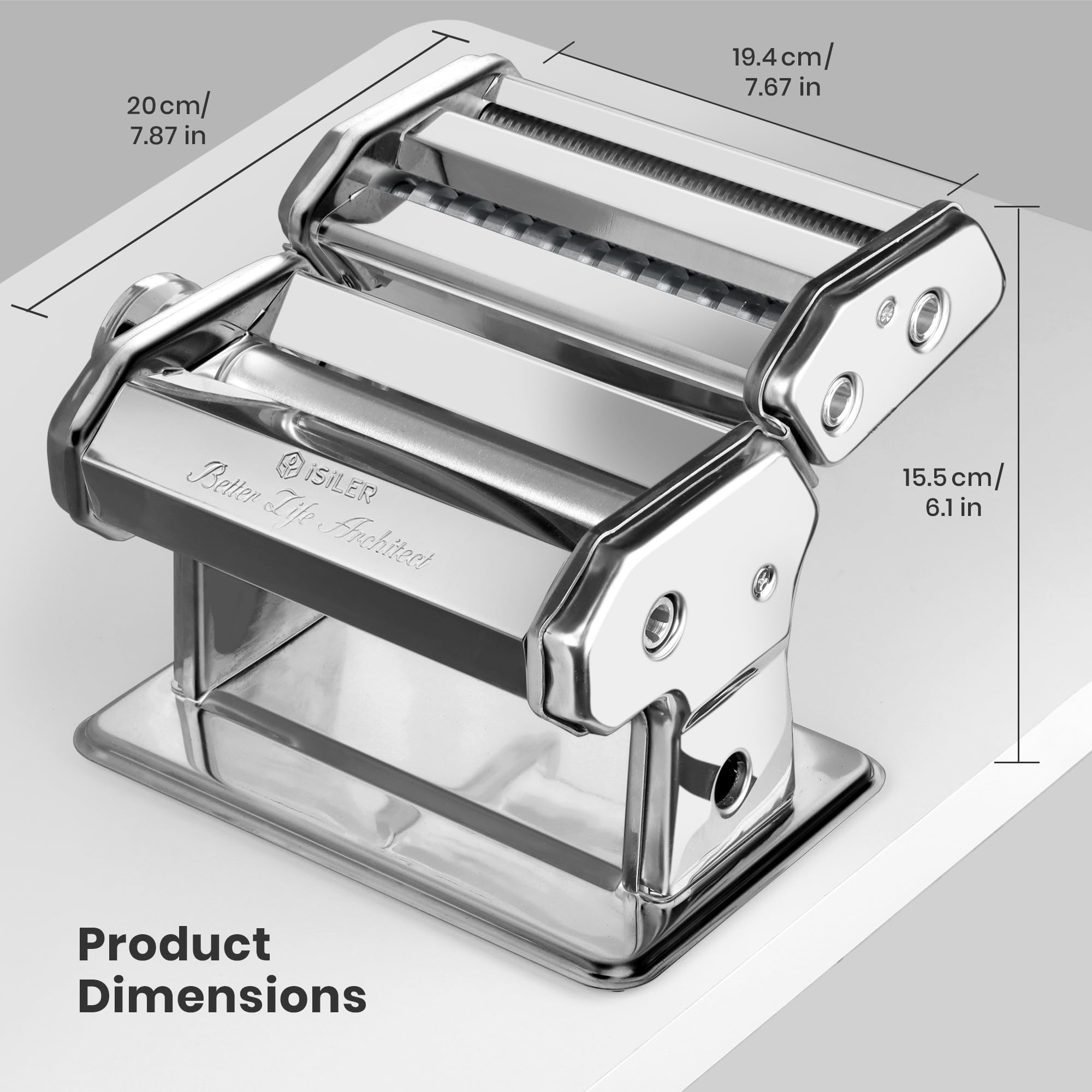 ISILER pasta maker beside ruler showing thickness range and accurate scaling