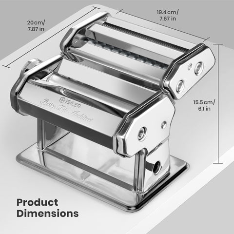 ISILER pasta maker beside ruler showing thickness range and accurate scaling