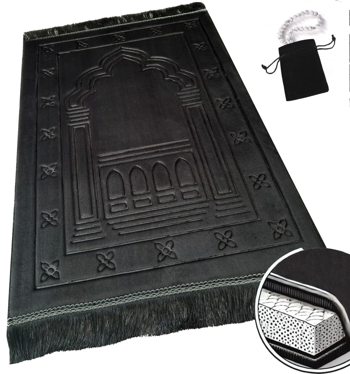 Islamika front view of black prayer rug showing elegant motif and comfortable padding