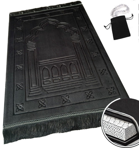 Islamika front view of black prayer rug showing elegant motif and comfortable padding