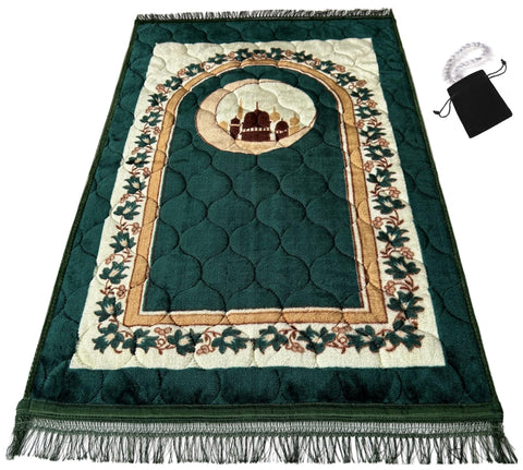 Islamika front view prayer rug showing full green design and comfort