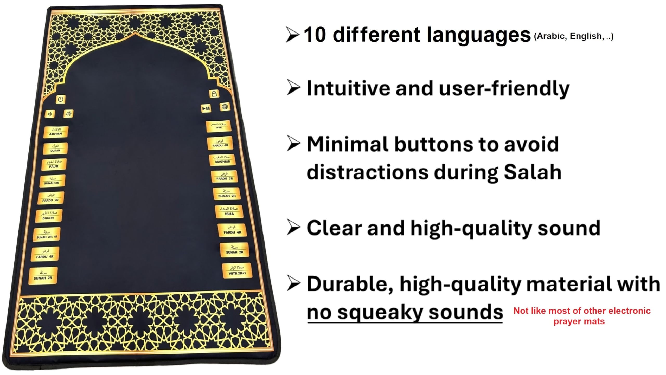 Islamika prayer mat label and control panel showing language buttons and durability