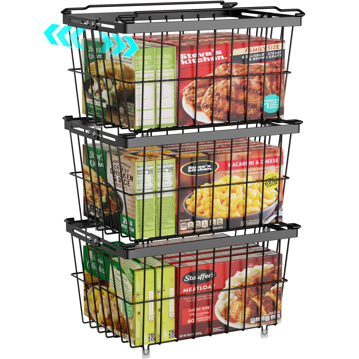 iSPECLE front view of three adjustable freezer baskets showing neat organization and space saving