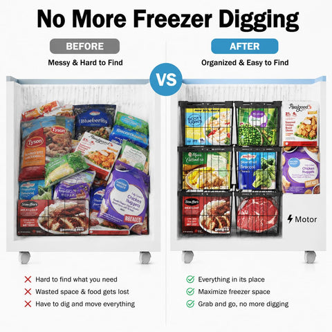 iSPECLE basket loaded with family-sized frozen meat packages for organized storage benefit