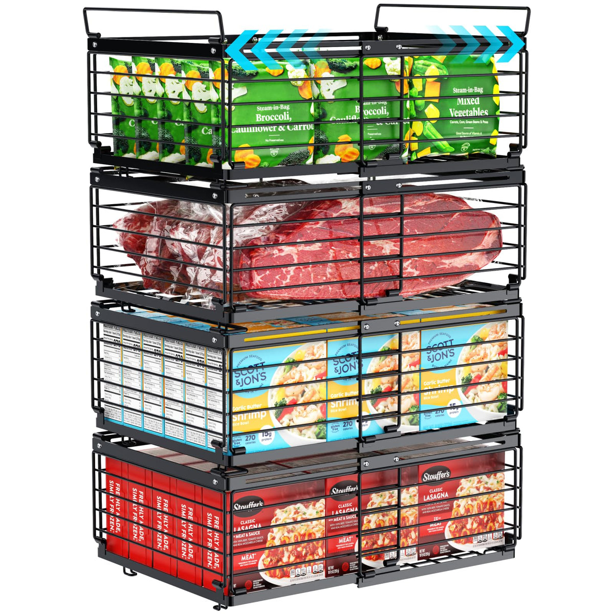 iSPECLE front view of wire freezer organizer bins showing neat storage benefit