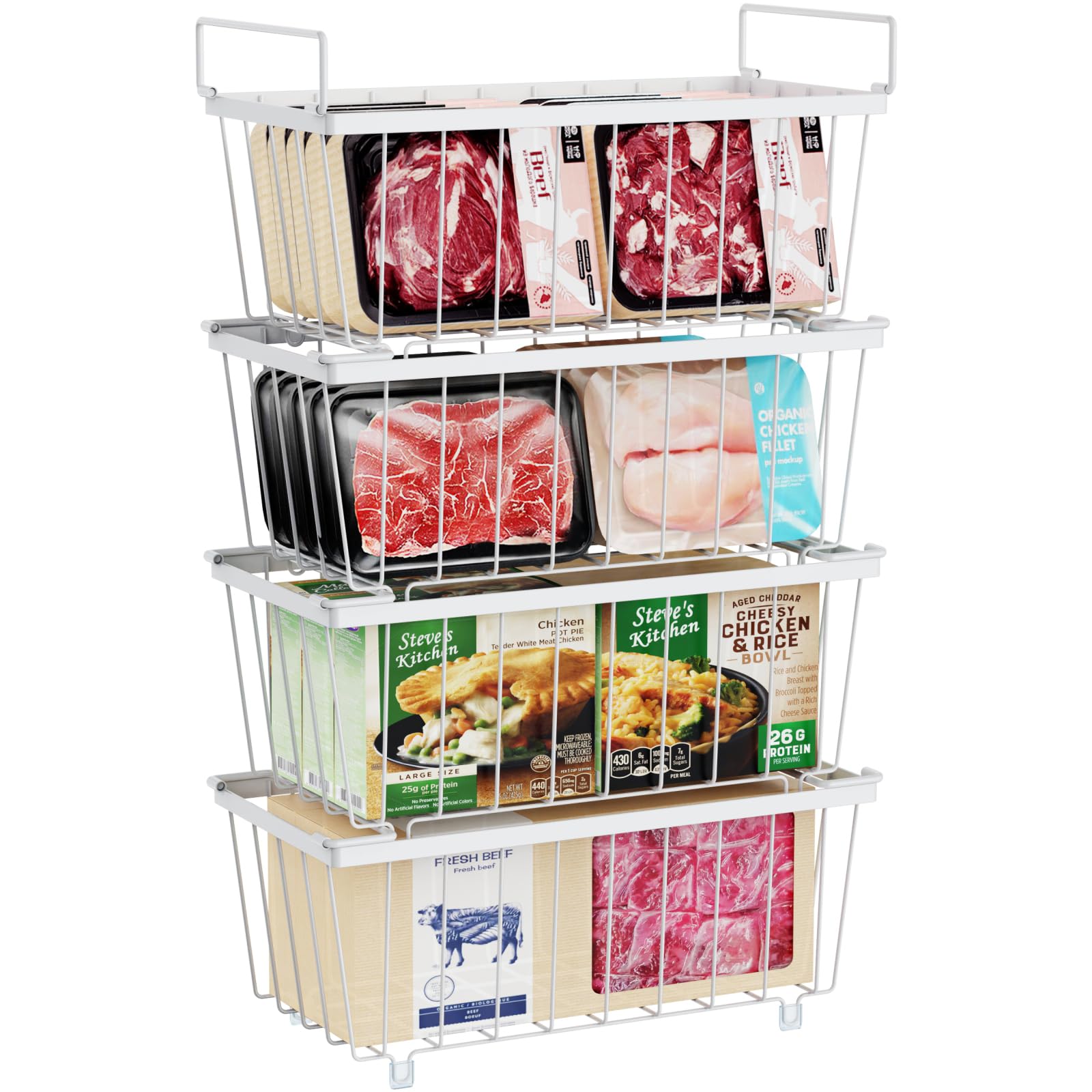 iSPECLE front view of four wire freezer baskets showing neat organization benefit