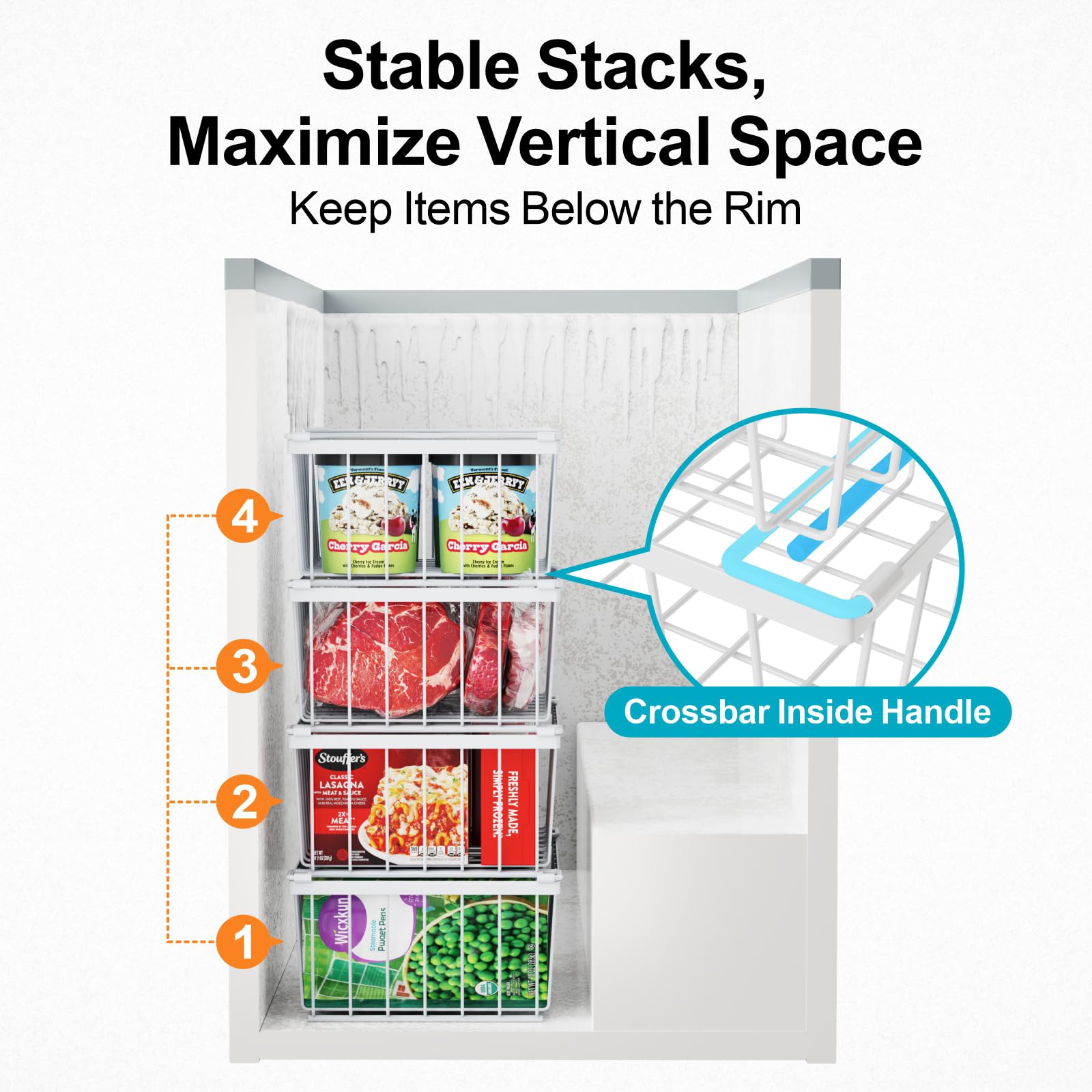 iSPECLE kitchen scene with baskets improving freezer organization and visibility