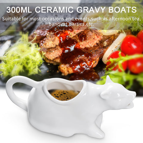 ISTOOLL cat gravy boat side profile showing ergonomic handle for steady pouring
